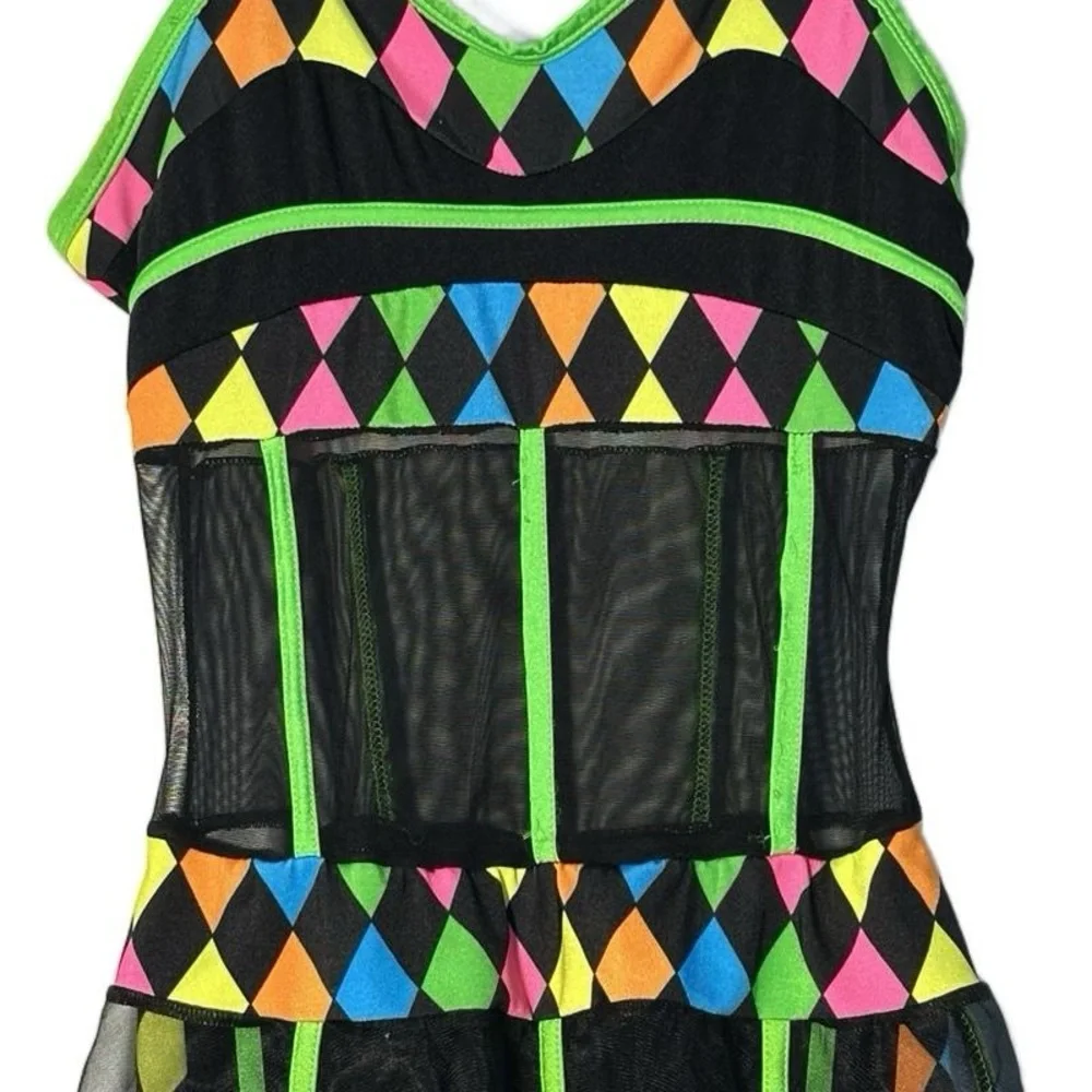 Neon Harlequin‎ Mesh Dance Costume 80s 90s Adult Medium Vibrant Diamond size AME